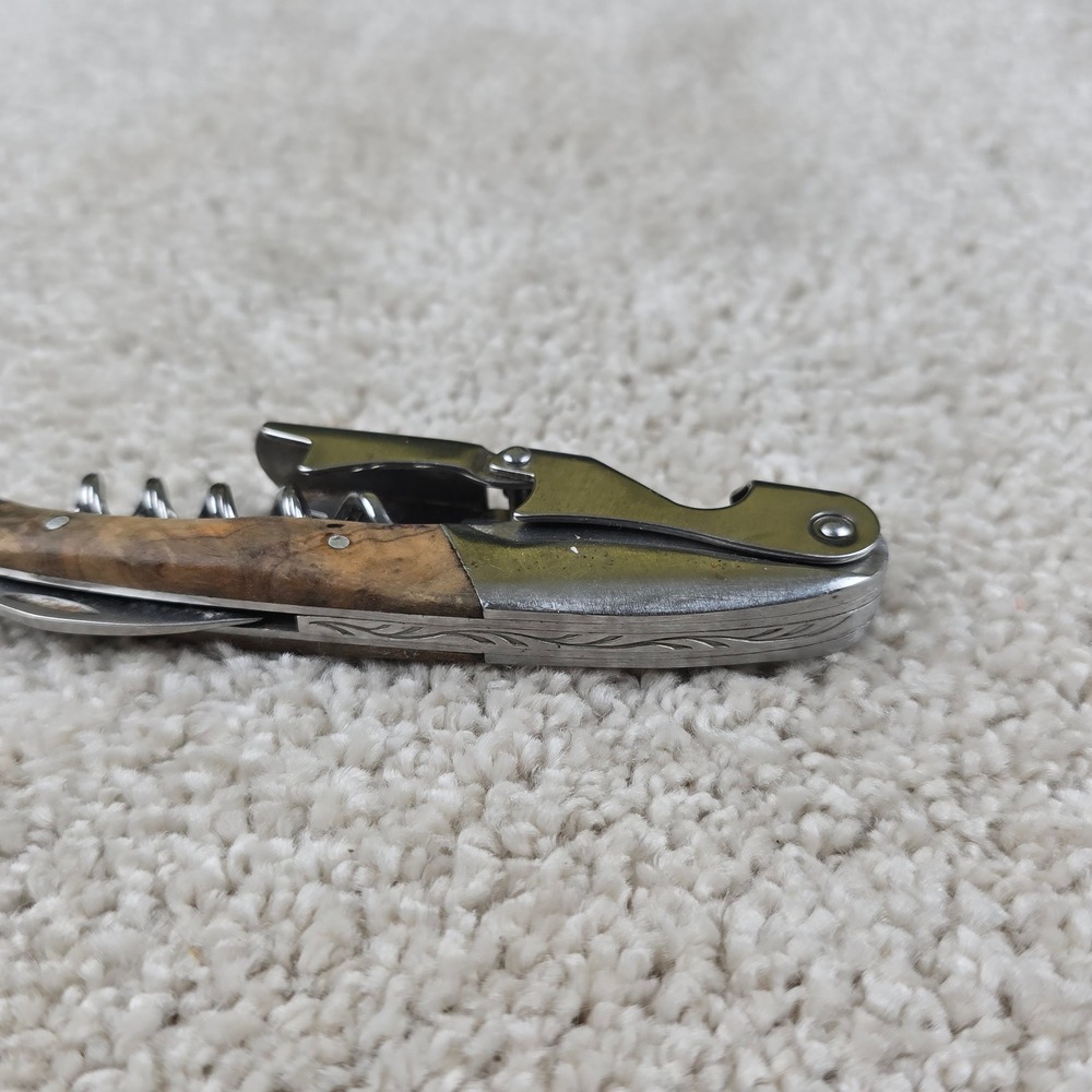 Premium‎ Waiter Corkscrew Silver Wood Handle Engraved Double Hinge Wine Opener - Picture 2 of 2